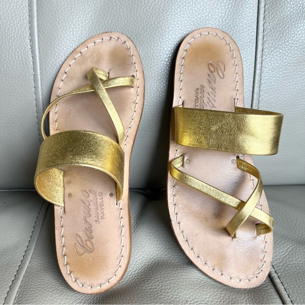 Caruso Sandali Ravello Italian Sandals Girls Sz 33 2 Gold Double Strap Flip Flop